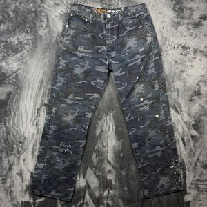 Akademiks Camo Denim Jeans Mens 34x34 Blue Grey Paint Splatter Straight Leg